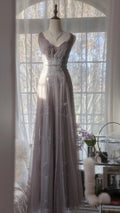 Gray Purple Romantic Fashion Elegant Exquisite Lace Floral Applique Long Tulle Fairy Ball Gown Evening Dress Birthday/Wedding Guest/Holiday Party Dress Prom Dress Valentine's Day Date Dress Bridesmaid Dress 4031