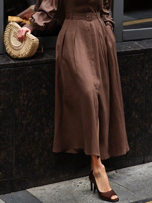 Urban Plain Cotton And Linen Shirt Collar Midi Dress With Belt