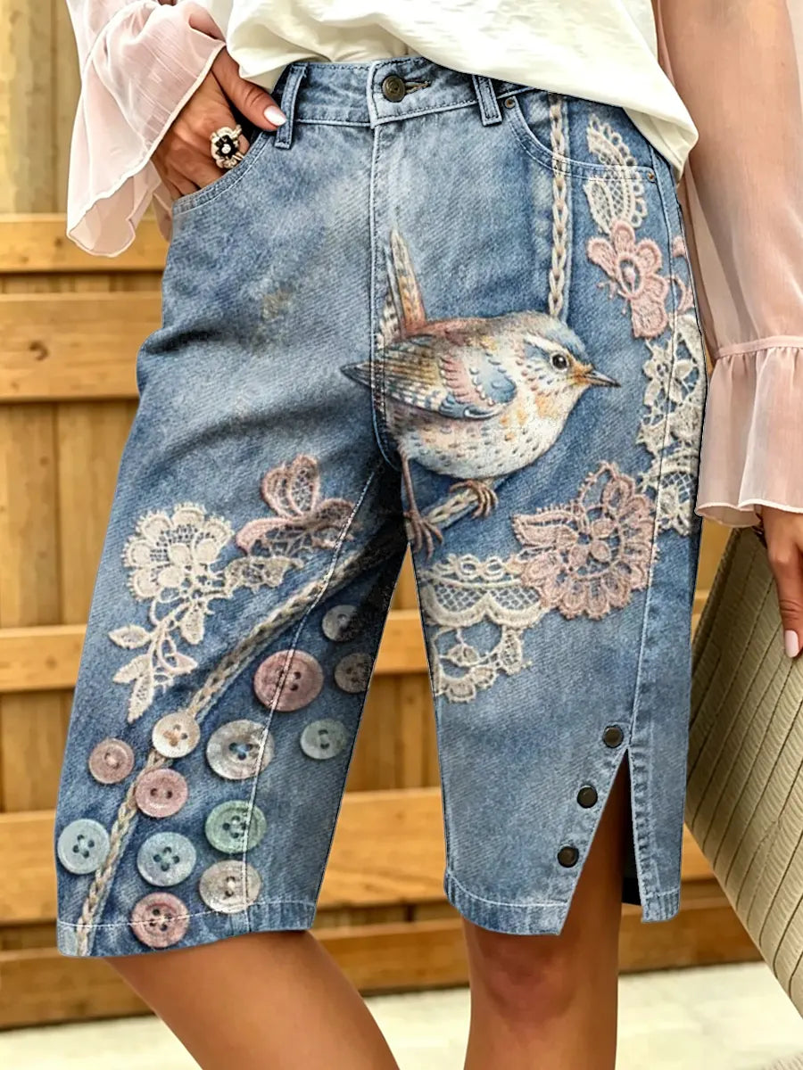 Women's Bird Print Denim Bermuda Shorts