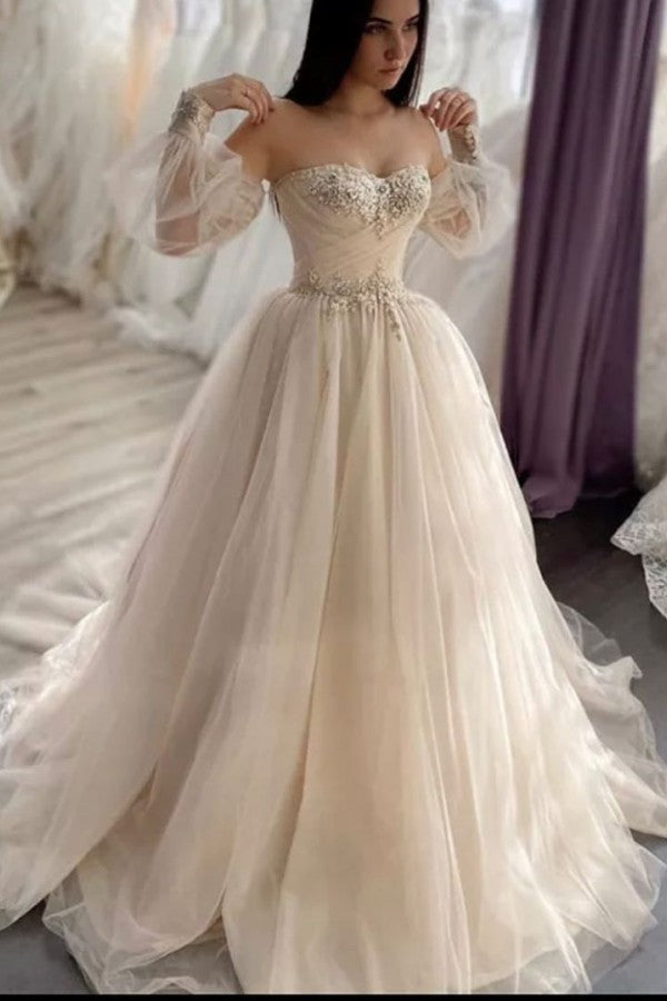 Daisda Vintage Sweetheart Long Sleeve Backless Appliques Lace Wedding Dress With Crystal Tulle A-Line