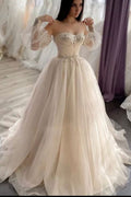 Daisda Vintage Sweetheart Long Sleeve Backless Appliques Lace Wedding Dress With Crystal Tulle A-Line