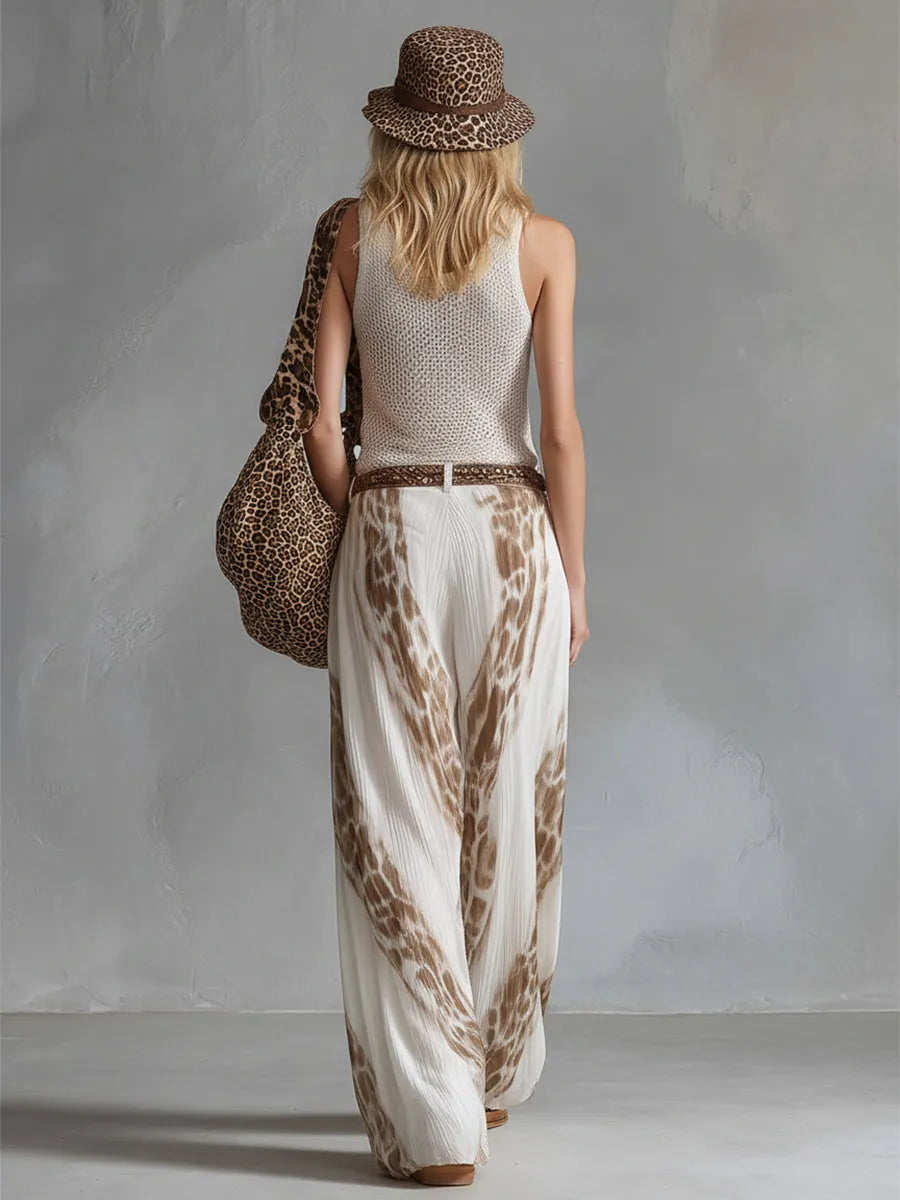 Elegant Vacation Style White Chiffon Printed Wide-leg Pants