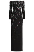Long Sleeve Bardot Crystal Chain Detail Maxi Dress Black