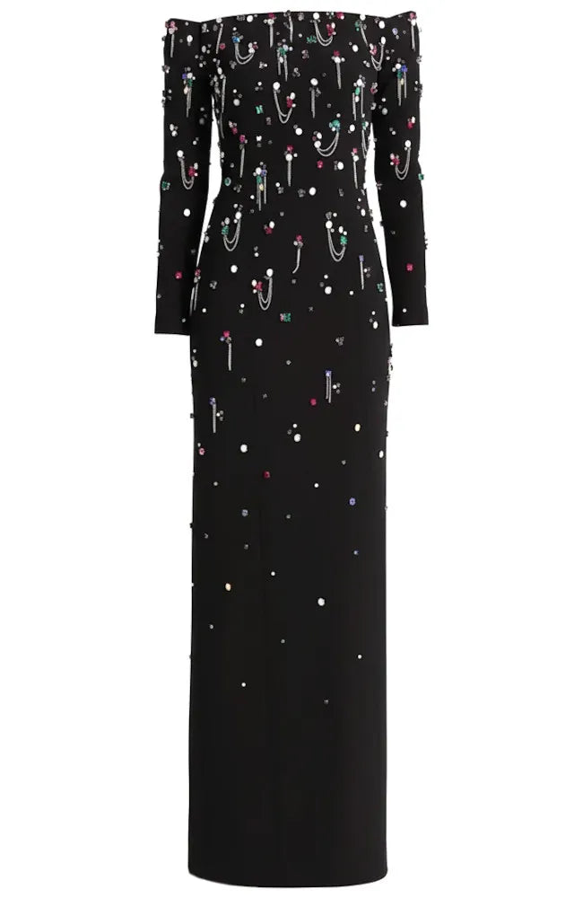Long Sleeve Bardot Crystal Chain Detail Maxi Dress Black