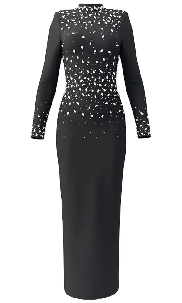 Long Sleeve Embellished Detail Maxi Dress Black