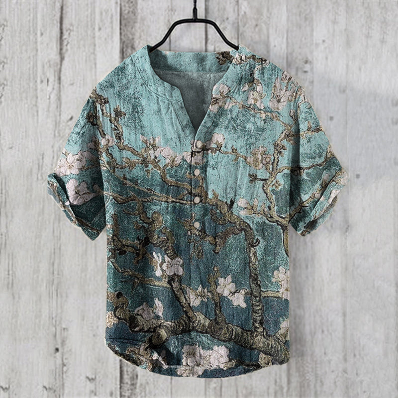 Men's Retro Japanese Apricot Blossom Art Pattern Linen Shirt
