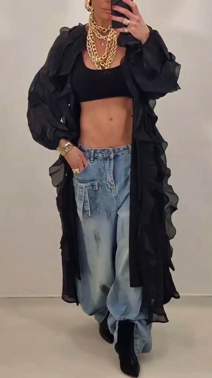 Women Solid Color Spliced Casual Long Cardigan