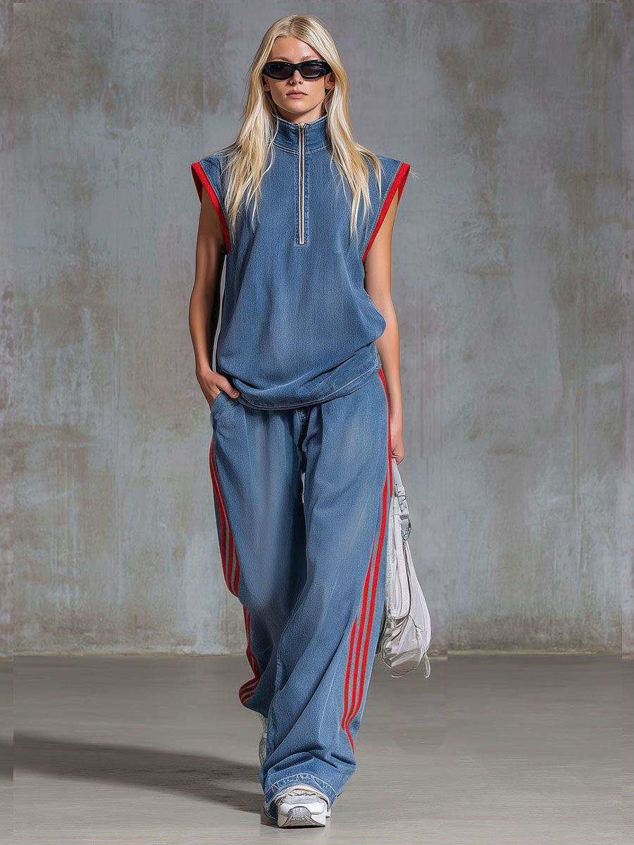 Loose-fitting Retro Denim Zip-up Sleeveless Top And Pants Set