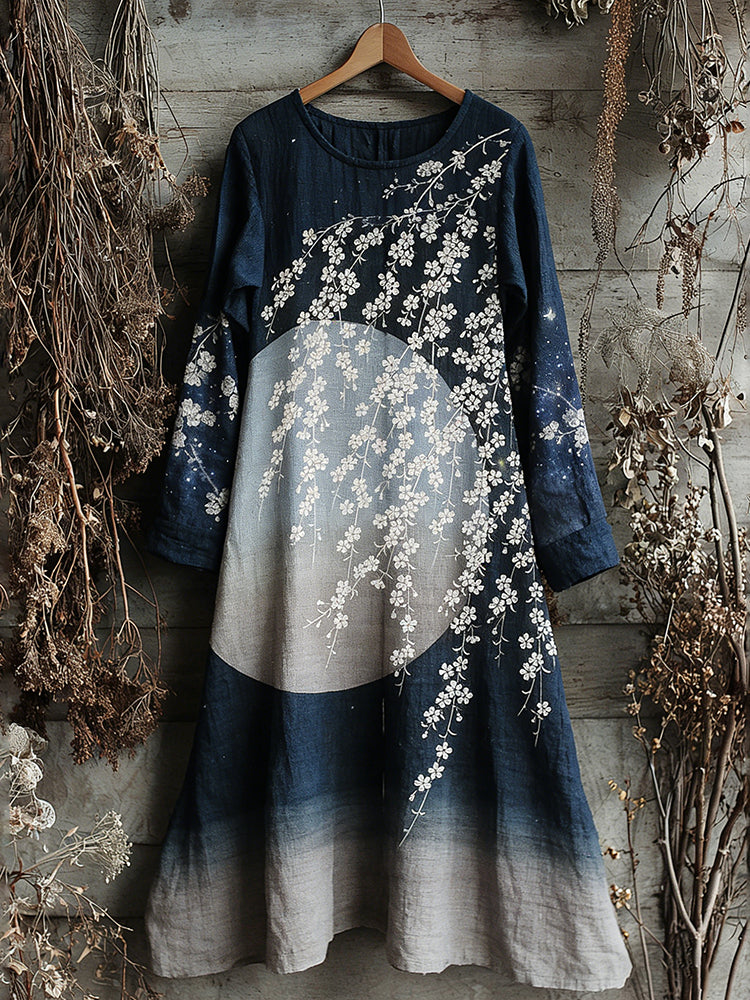 Vintage Japanese Floral Art Pattern Linen Blend Maxi Dress