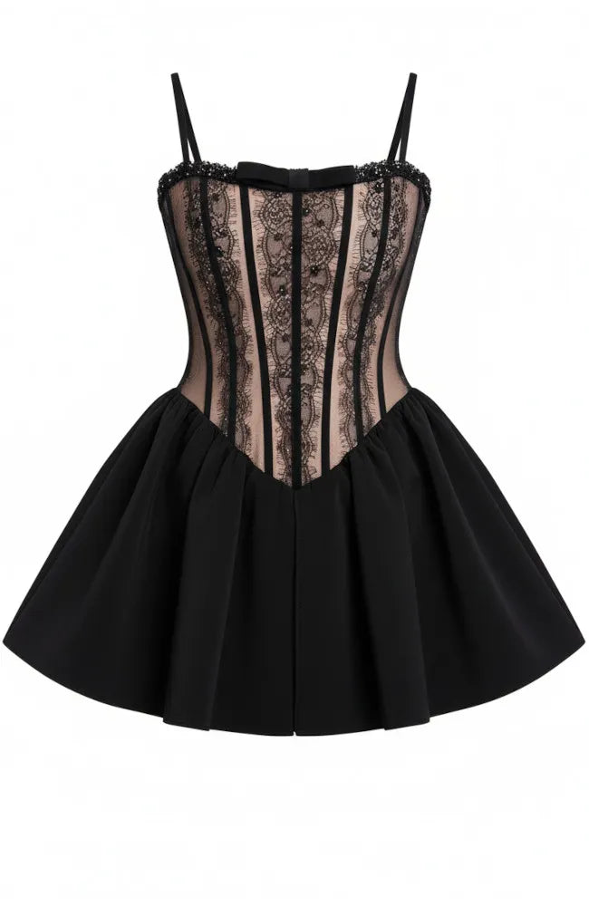 Bow Detail Lace A Line Dress Black