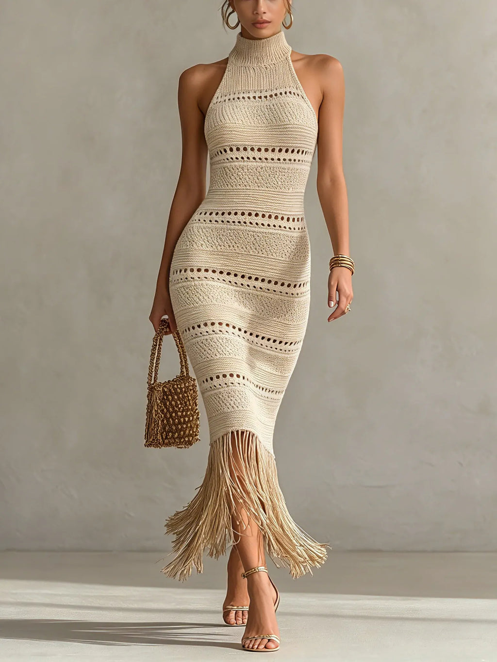 Elegant Cream Knit Sleeveless Fringe Hem Dress