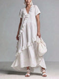Women’s Boho White Linen Short Sleeve Ruffle Trim V-Neck Loose Flowly High Low Hem Maxi Dress MDZ0229G9T