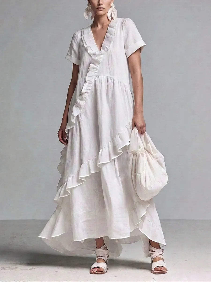Women’s Boho White Linen Short Sleeve Ruffle Trim V-Neck Loose Flowly High Low Hem Maxi Dress MDZ0229G9T