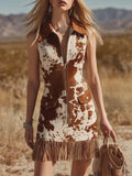 Retro Western-style Lapel Sleeveless Cow Print Faux Suede Mini Dress