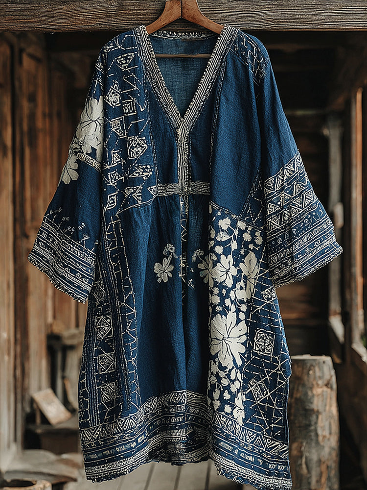 Japanese Floral Patchwork Art Print Comfy Maxi Dress