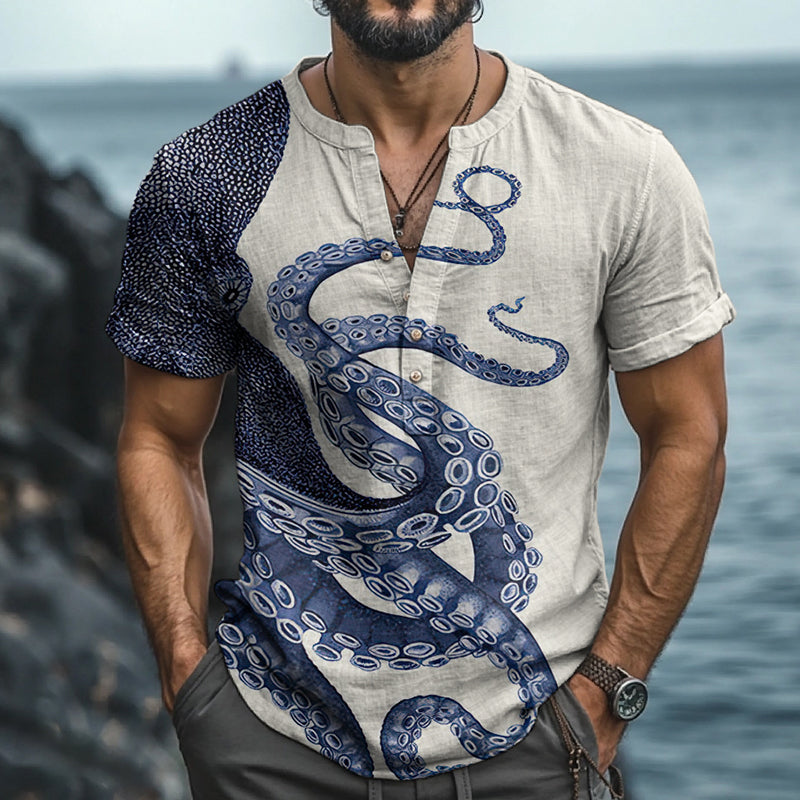 Japanese Art Octopus Graphic Print Short Sleeve Shirt