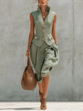 Green Sleeveless Vest And Culottes Set