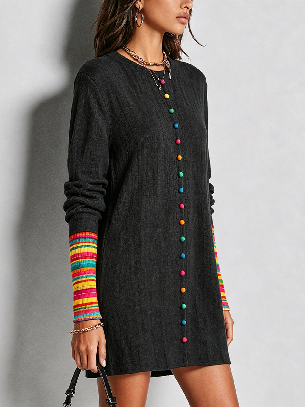Black Rainbow Button Shift Mini Dress With Contrast Knit Cuffs