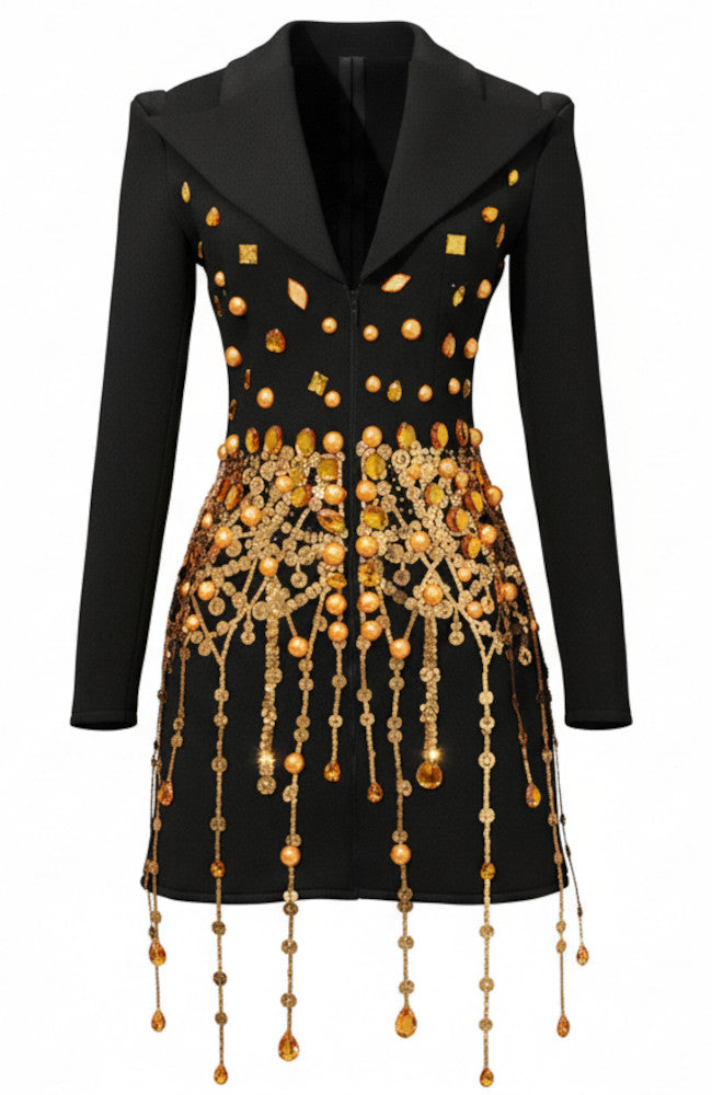 Long Sleeve Embellished Blazer Dress Black