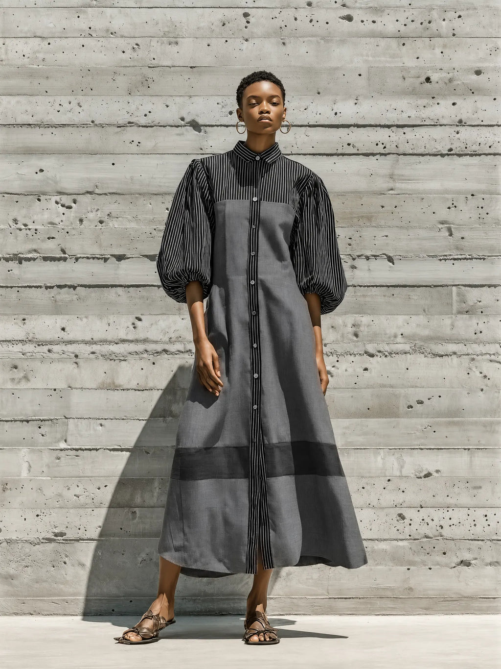 Women's Black White Vertical Stripe Patch Puff Sleeve Collared Button Front Color Block Gray Cotton-linen blend Midi Shirt Dress MDZ2049G8YZJ