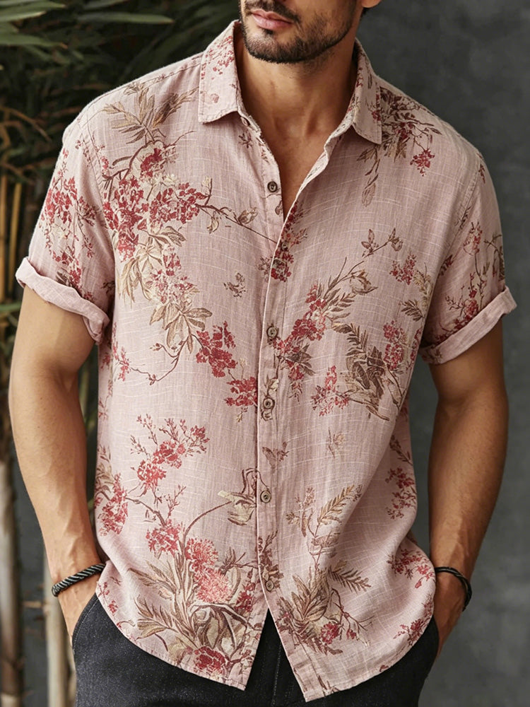 Men's Retro Floral Print Casual Linen Blend Short-sleeve Shirt