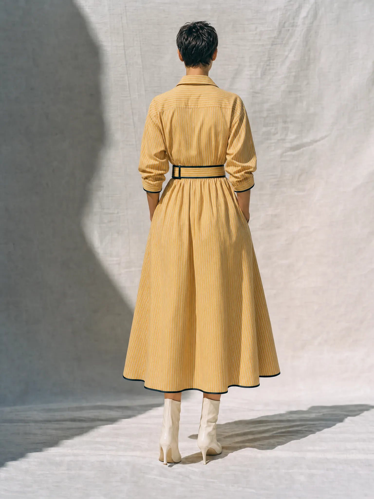 Women's Retro Style Yellow Cotton Blend Striped Collared Long Sleeve Belted Button-Front Contrast Trim Midi Shirt Dress MDZ1572G3ZSQ