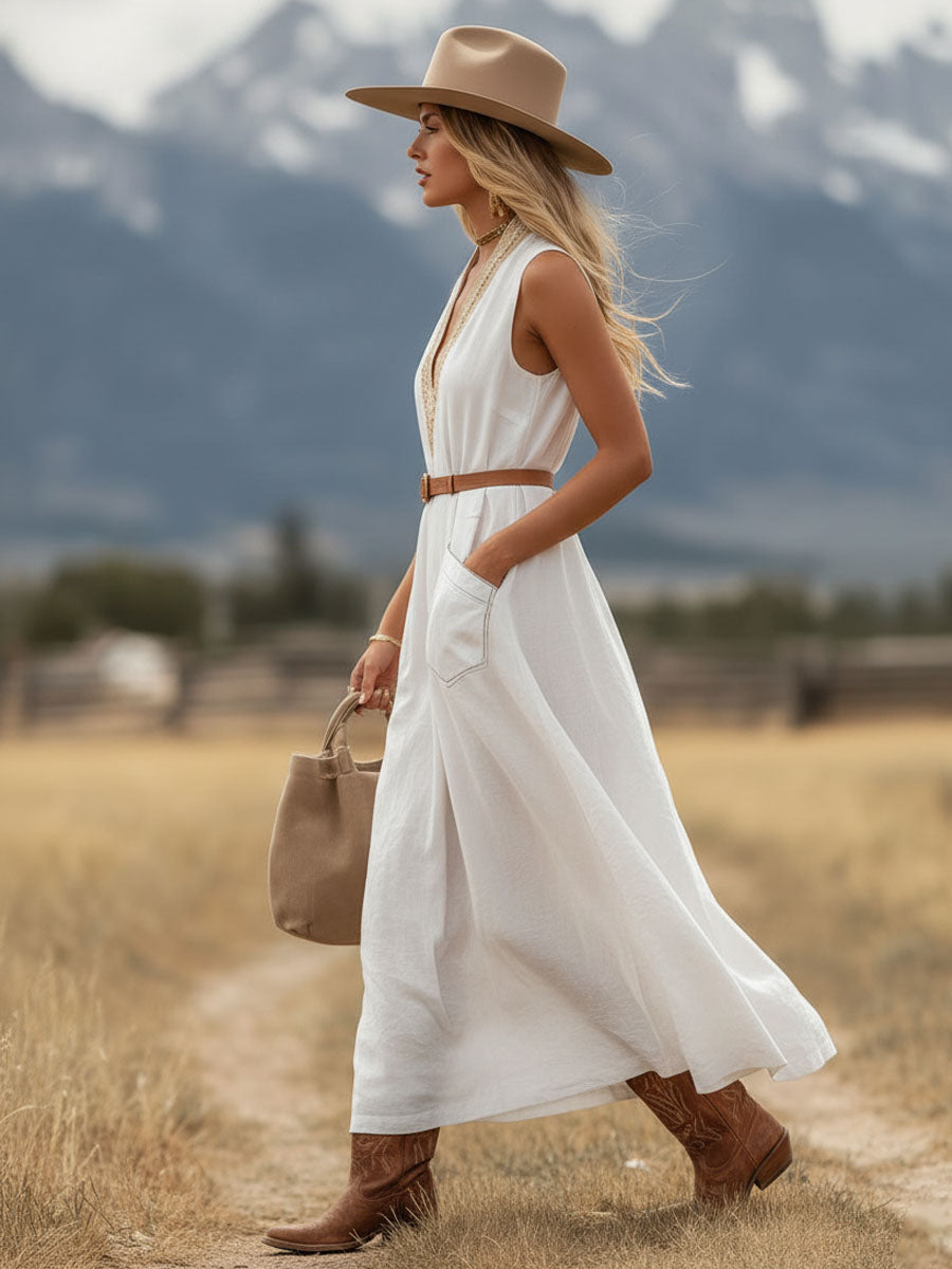 Retro Boho V-neck Double Pocket Sleeveless Midi Dress