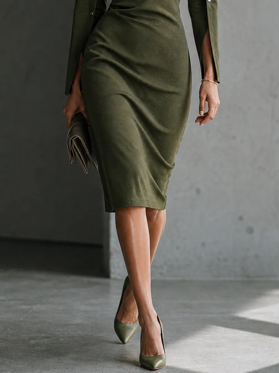 Women's Elegant Slim Olive Green Knit Cotton Blend Button-Trim Split Sleeve Midi Dress MDZ1630G9GMJ