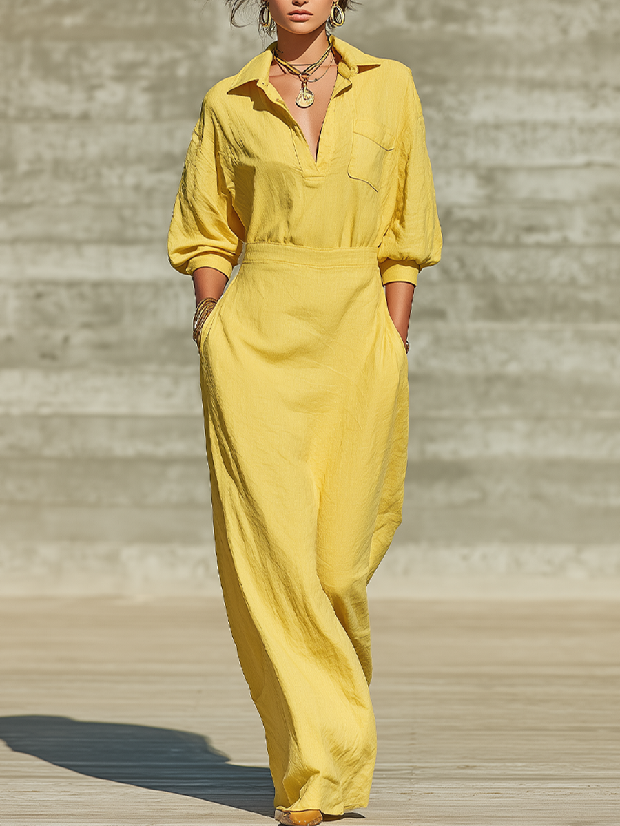 Women's Bright Yellow Linen Blend Shirt Maxi Dress With Lapel Half Button Placket & Puff Three Quarter Sleeves, Casual Resort Loose Floor Length Shirt Dress MDZ2041G4LYL