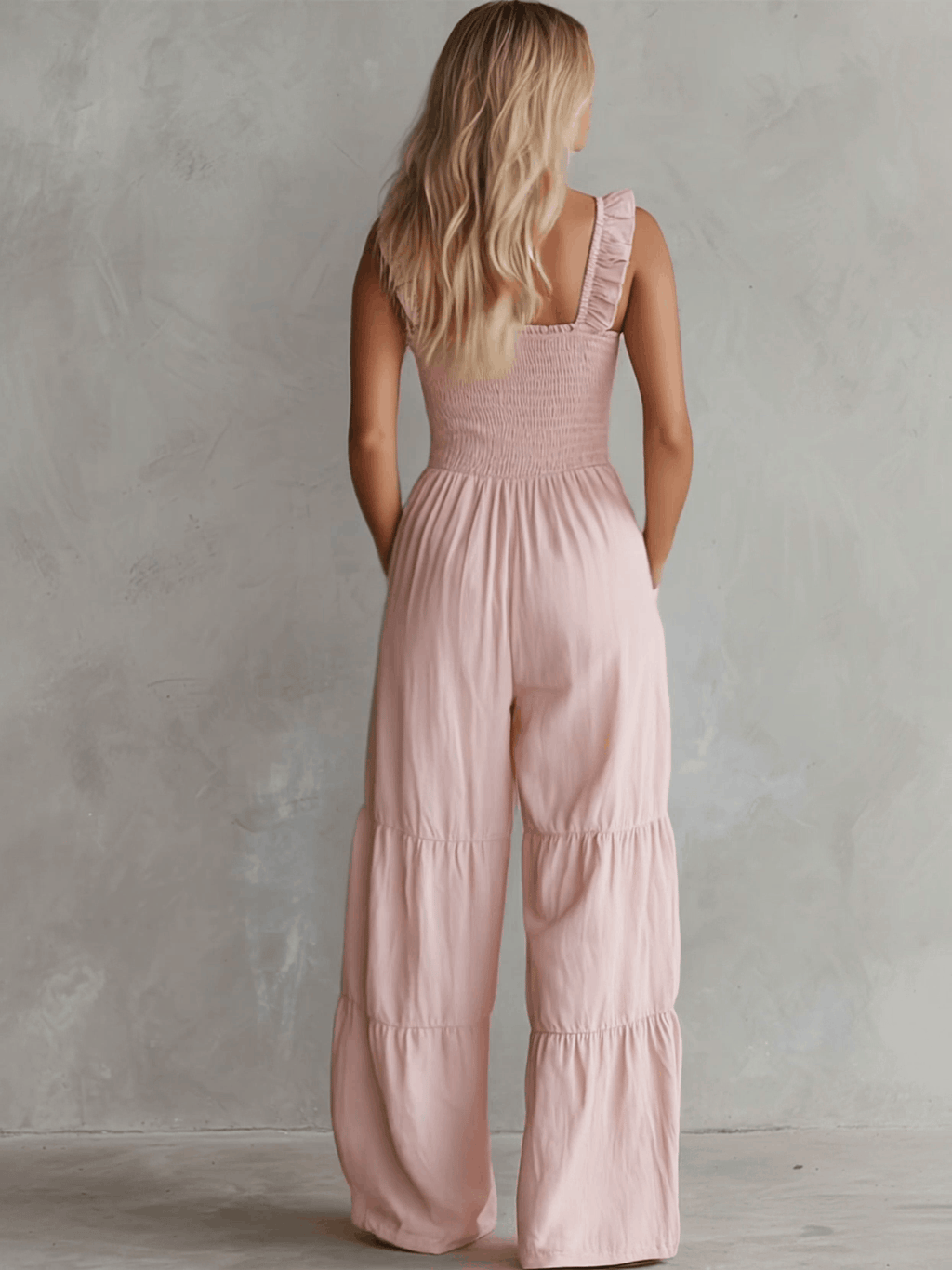 Casual Retro Ruffled Pink Sleeveless V-neck Button Cotton And Linen Jumpsuit