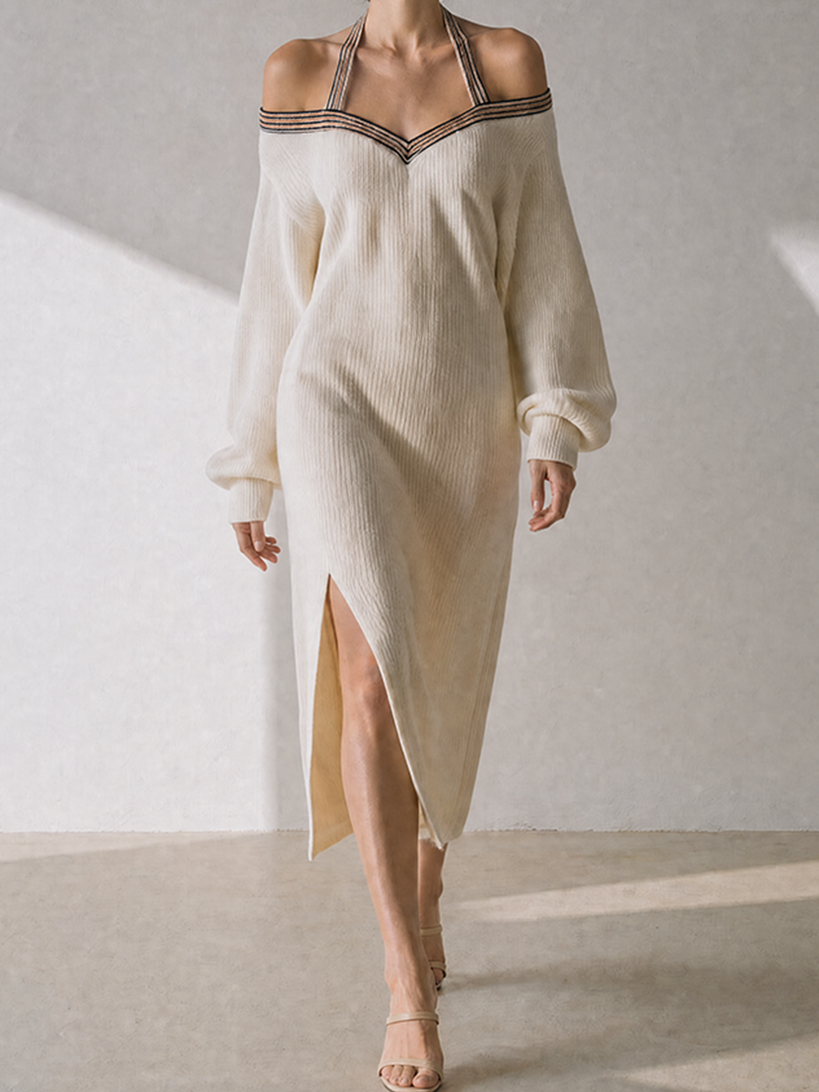 Women's Elegant Sultry Ivory Ribbed-Knit Halter Off-Shoulder V-Neck Long-Sleeve Slit Midi Dress MDZ2286G4CMX