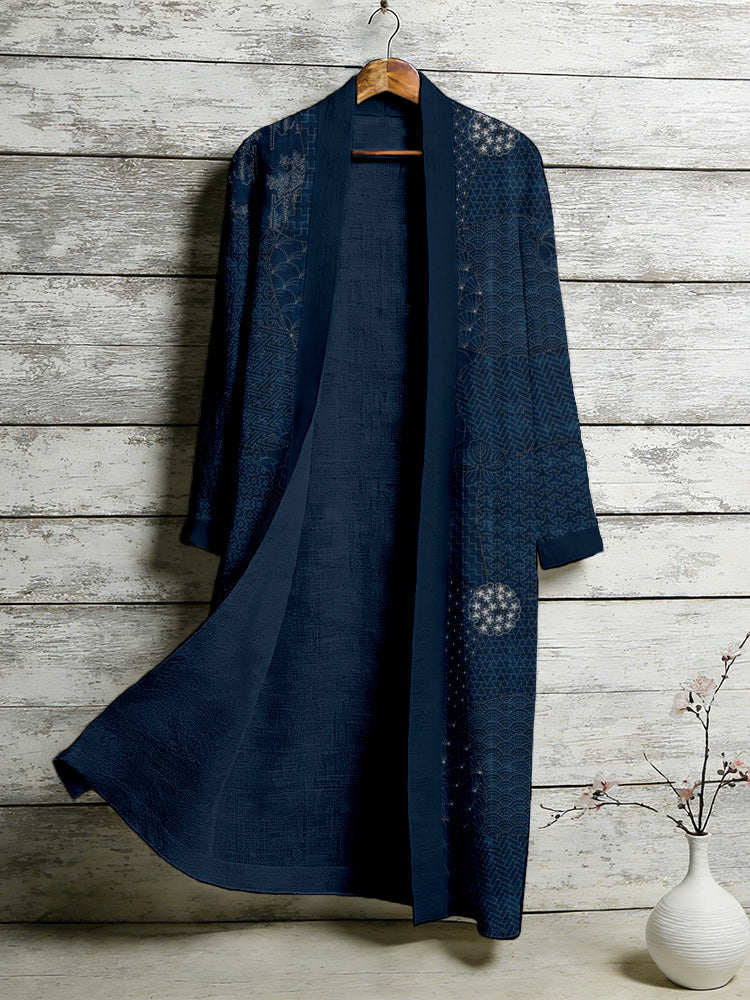 Vintage Japanese Sashiko Art Flowy Linen Long Kimono