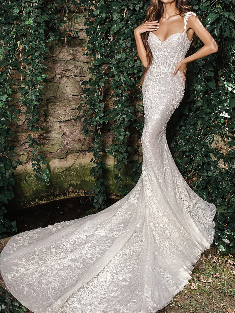 Spaghetti-Neck V-Neck Jacquard Backless Wedding Maxi Dress