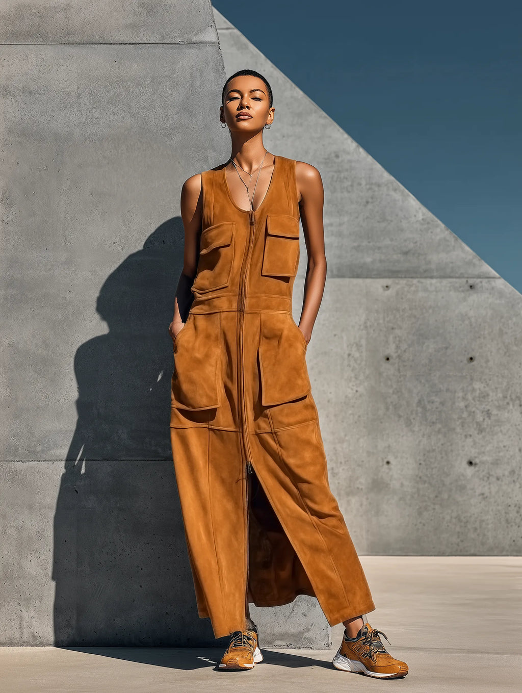 Women’s Camel Faux Suede Sleeveless U-Neck Full Front Zip Multi Patch Pockets Side Split Maxi Cargo Dress With Side Pockets MDZ3041F4T