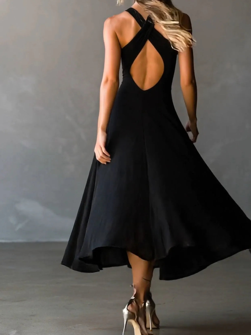 Black Halter Cross Tie-back A-Line Midi Dress