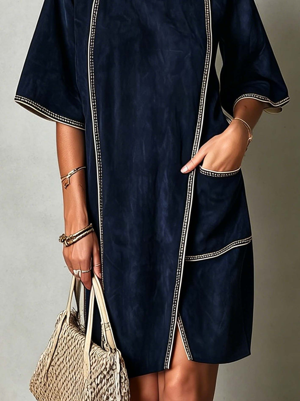 Navy Faux Suede Midi Dress With Vintage Trim Detail