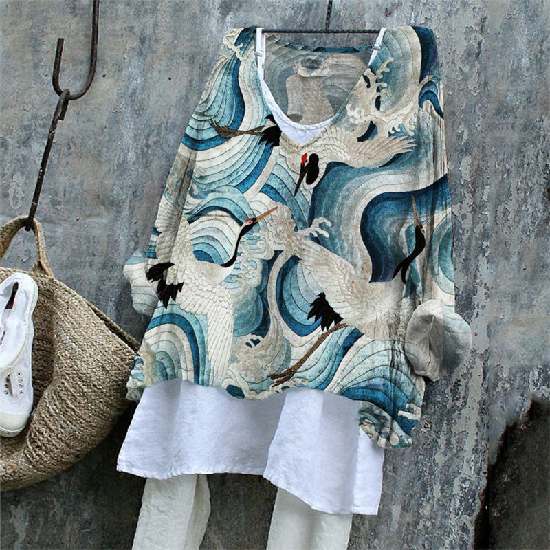 Cranes Over Sea Waves Japanese Embroidered Tunic