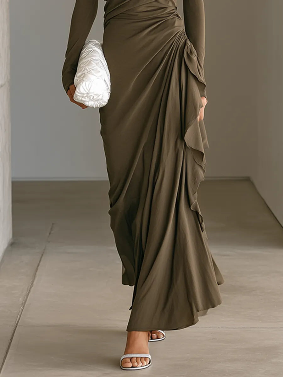 Women's Dark Taupe Soft Jersey Maxi Dress With Turtleneck Long Sleeves & Asymmetric Side Ruched Ruffle, Elegant Bodycon Evening Maxi Dress MDZ1394G9LYL