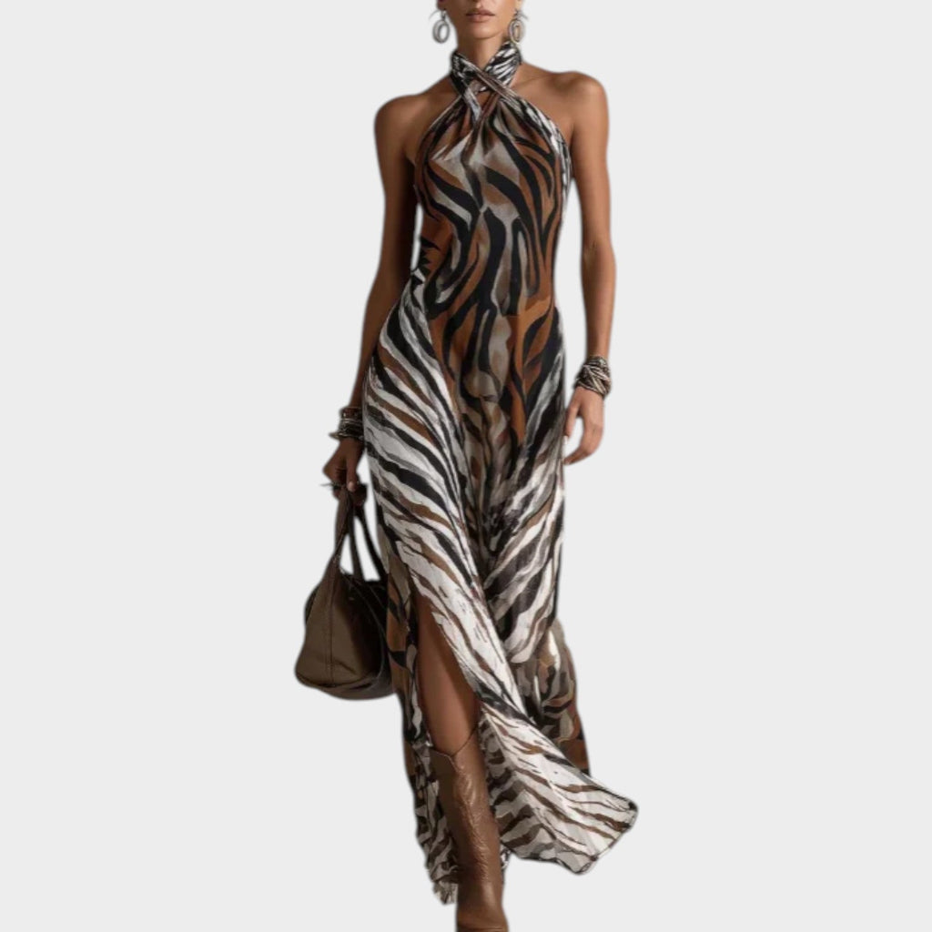 Halter Neck Animal Print Maxi Dress