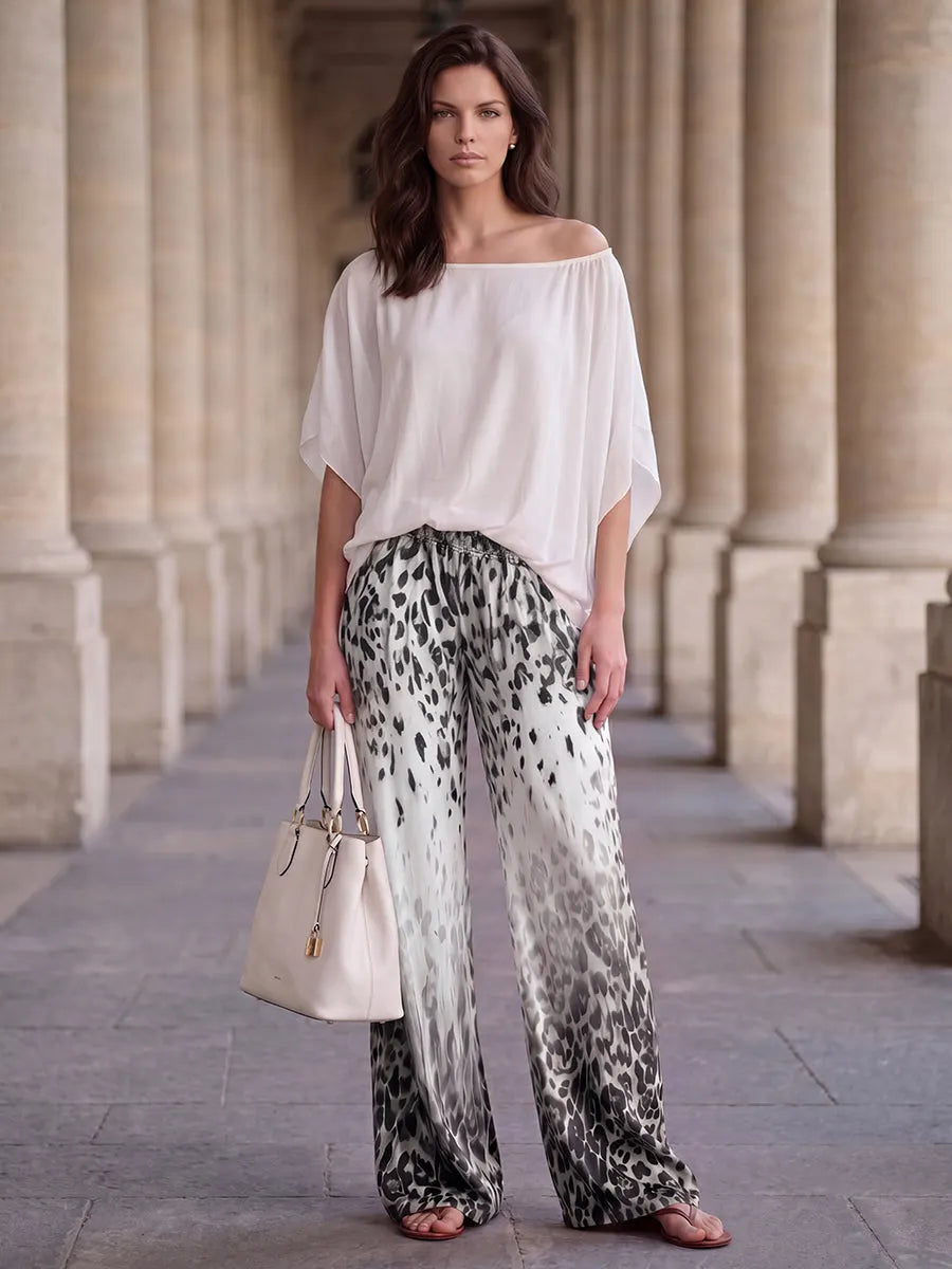 Loose Wide Leg Elasticity Gradient Leopard Pockets Trousers Wide Leg Pants