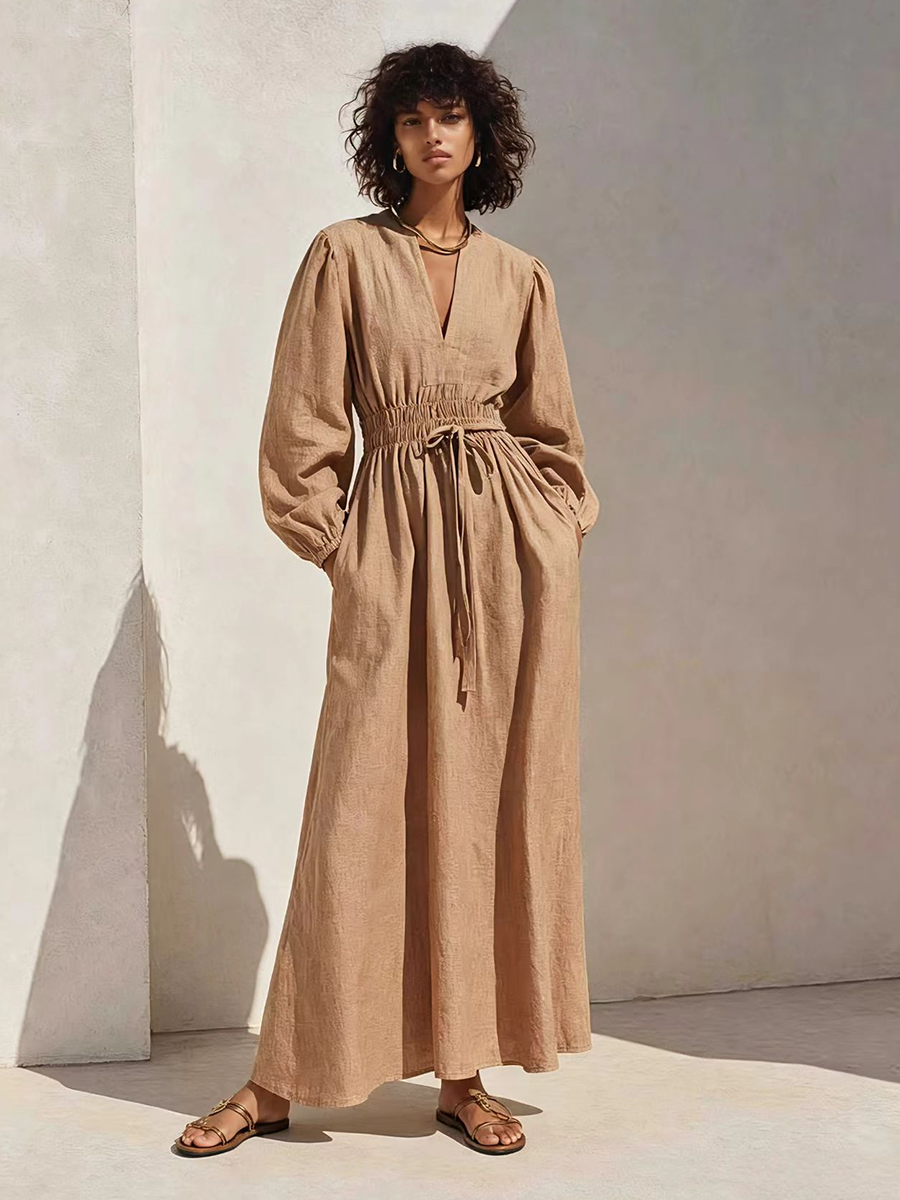 Women's Resort-Style Caramel V-Neck Bishop-Sleeve Drawstring Belted Cinched-Waist Linen Maxi Dress MDZ1378G7CMX