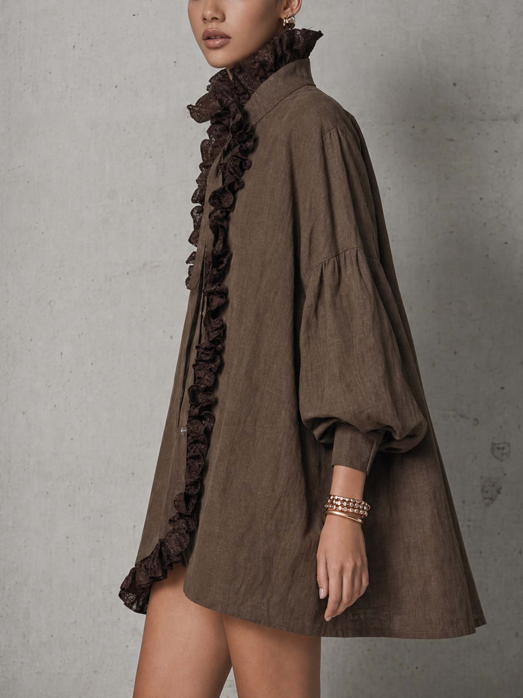 Oversized Lace Ruffle Trim Balloon Sleeve Linen Shirt Dress