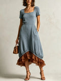 Blue Knit Midi Dress With Square Neckline And Ruffled Brown Hem