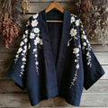 Retro Japanese Floral Art Print Cotton And Linen Blend Kimono Cardigan