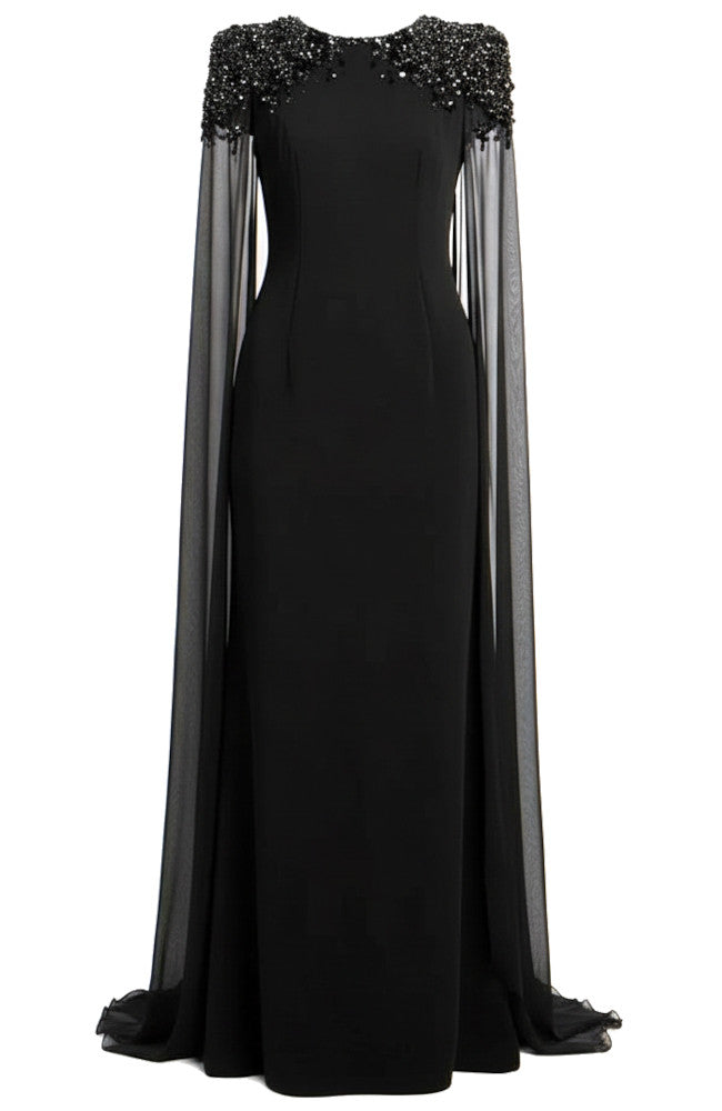 Cape Sleeve Crystal Shoulder Maxi Dress Black