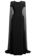 Cape Sleeve Crystal Shoulder Maxi Dress Black