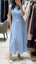 Stand Collar Cap Sleeve Pleated Front Split Midi Dress