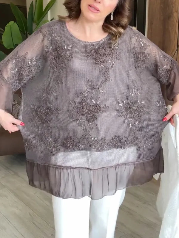 Taupe Floral Embellished Mesh Tunic Blouse