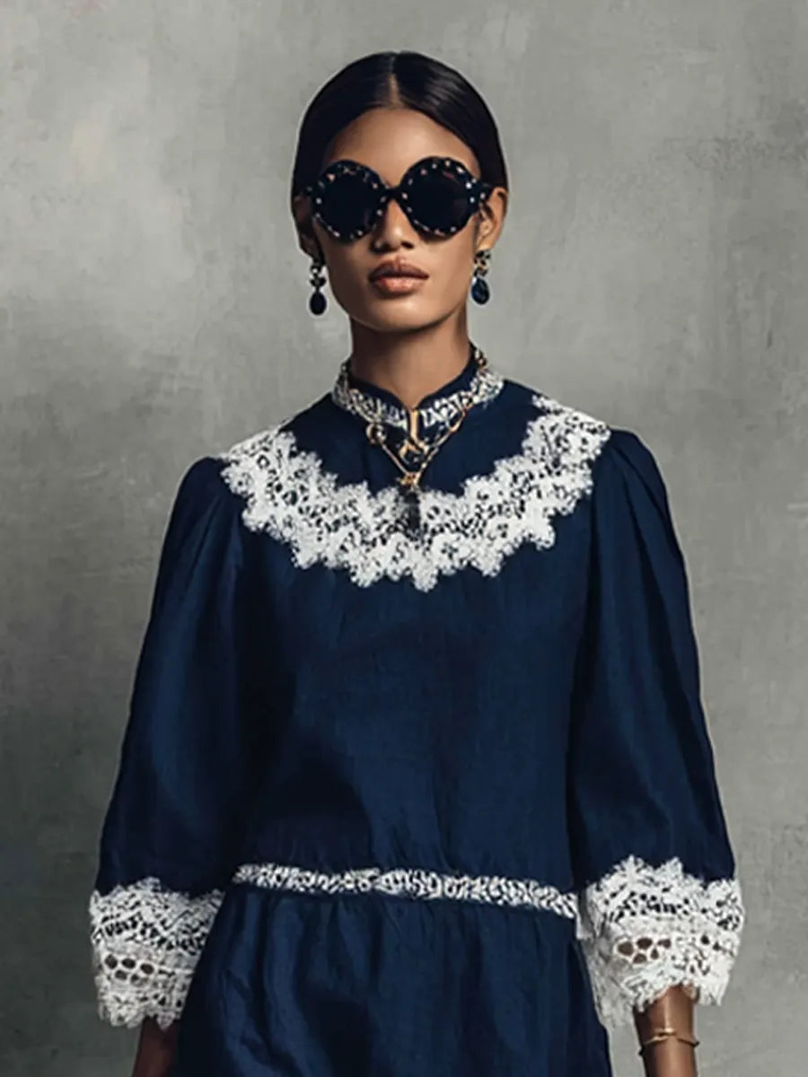Women's Elegant Navy Blue Cotton Linen Lace Trim Lantern Sleeve Midi Dress MDZ2122G7GMJ