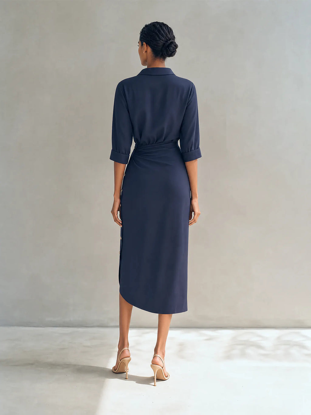 Women's Elegant Navy Blue Collared Half Sleeve Ruched Waist Pearl Button Wrap Midi Shirt Dress MDZ1538G4ZSQ